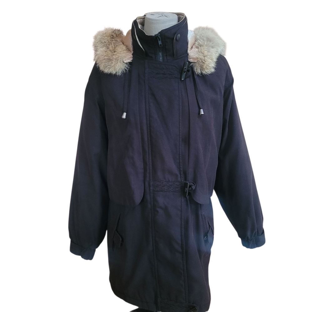 Innovations by Izzi Y2K 90's Black Parka with Removable Coyote Fur Hood Size S